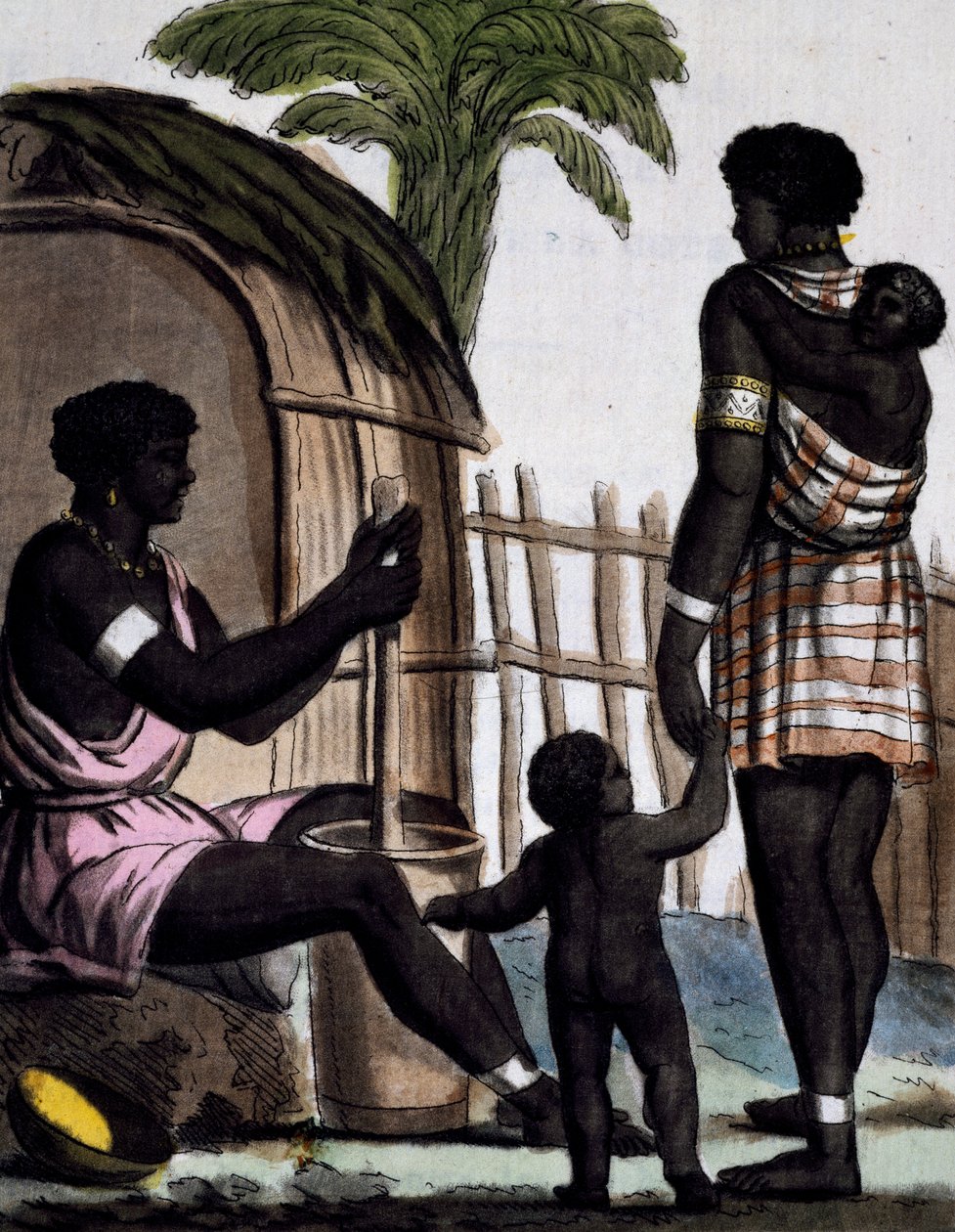 Issinia kvinnor som arbetar ris, färggravyr från teckning av Labrousse (aktiv 1796), från Encyclopedia of voyages, av Jacques Grasset de Saint-Sauveur (1757-1810) av Jacques Grasset de Saint Sauveur