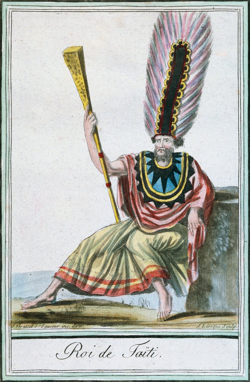 King of Tahiti, Society Islands, färgstick från teckning av Labrousse (aktiv 1796) från Encyclopedie des Voyages av Jacques Grasset de Saint-Sauveur (1757-1810) av Jacques Grasset de Saint Sauveur