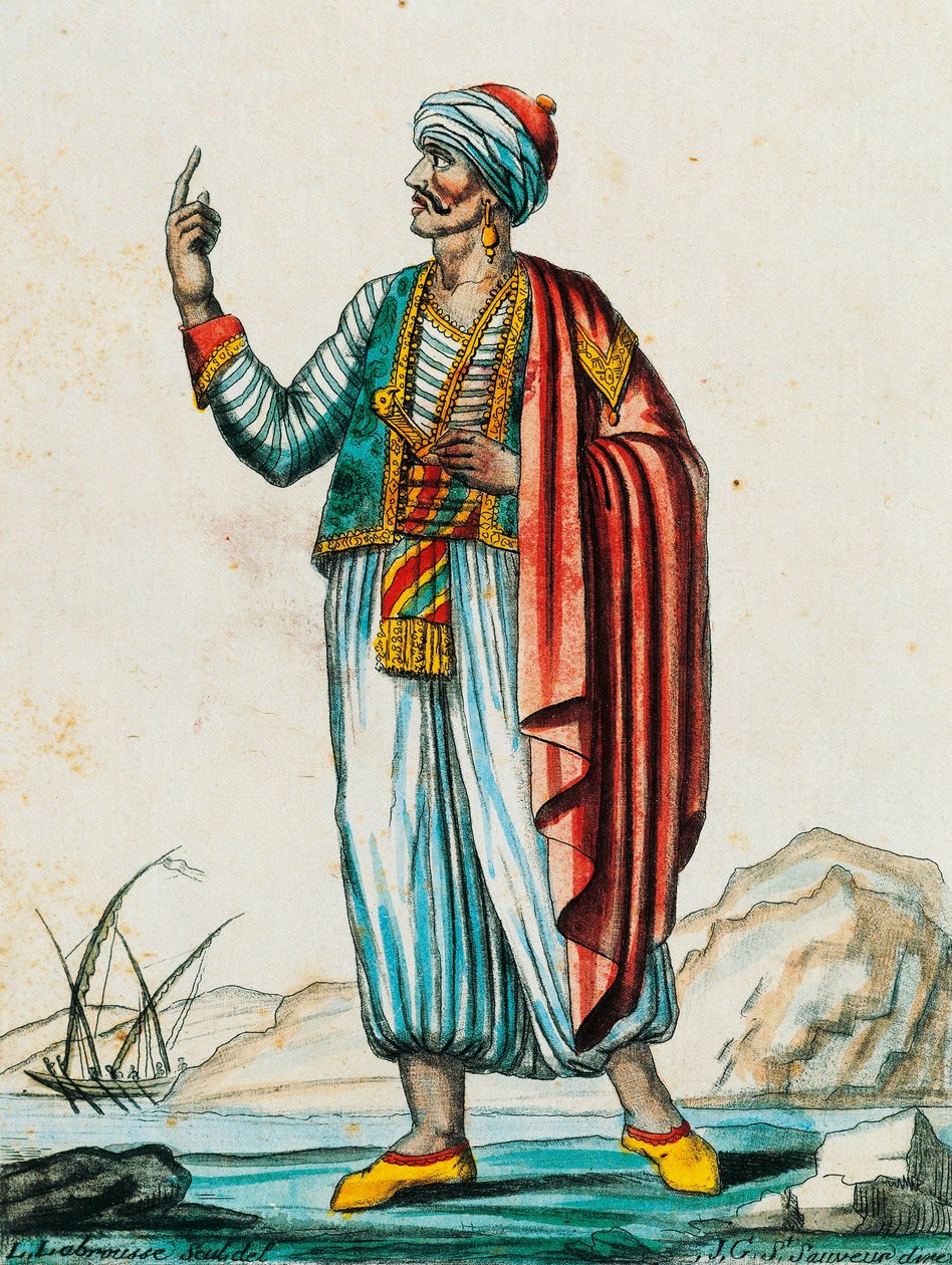 Mansdräkt från barbariska och muslimska stater, färgstick från teckning av Labrousse (aktiv 1796), från Encyclopedie des Voyages, av Jacques Grasset de Saint-Sauveur (1757-1810) av Jacques Grasset de Saint Sauveur