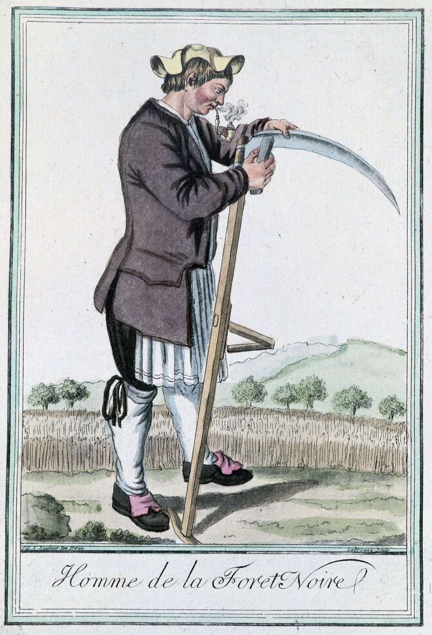 Man of the Black Forest, vässar sin falska för skörden - i”” Encyclopedia of Voyages””” av Grasset St Sauveur, red. Deroy, Paris av Jacques Grasset de Saint Sauveur