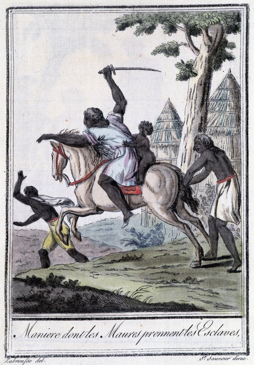 Hantera vems Moures tar slavar - i "" Encyclopédie des voyages"" av Grasset Saint Sauveur, red. Paris 1796 av Jacques Grasset de Saint Sauveur