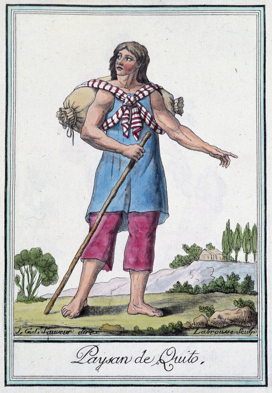 Peasant de Quito (Ecuador) - i "" Encyclopedia of Travels"" av Grasset St Sauveur, red. 1796 av Jacques Grasset de Saint Sauveur