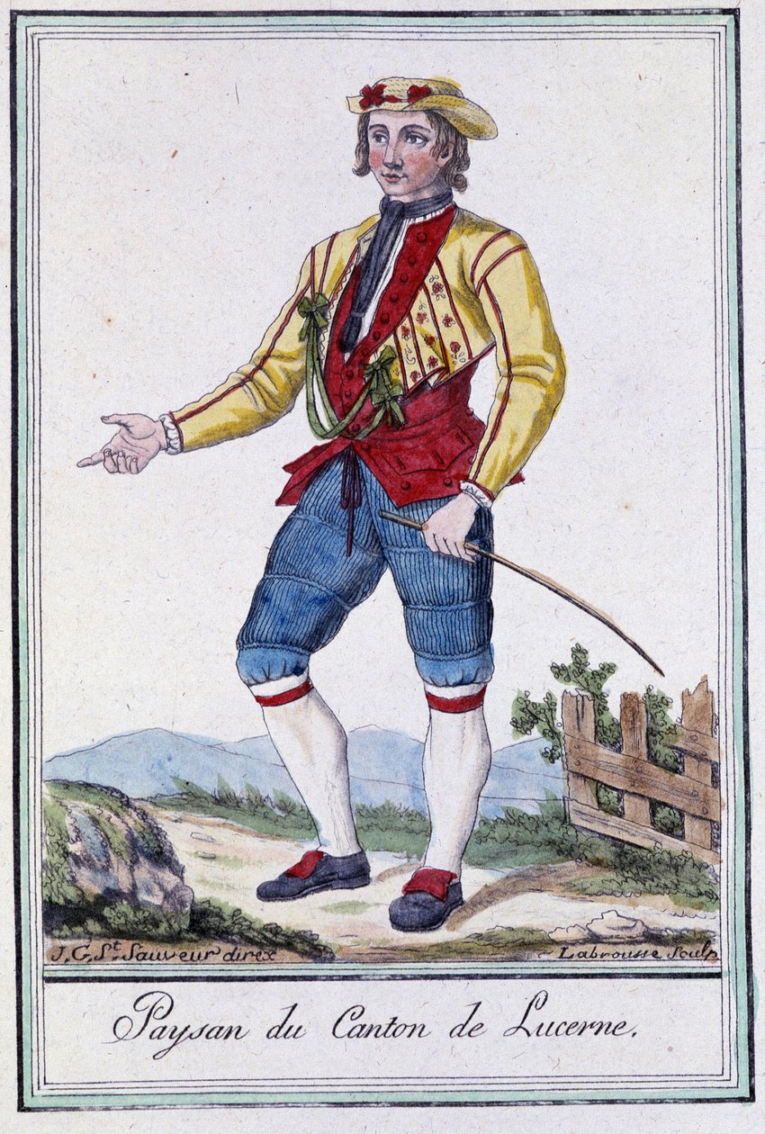 Bonde i kantonen Luzern (Schweiz) - i "" Encyclopedia of Travels"" av Grasset St Sauveur, red. 1796 av Jacques Grasset de Saint Sauveur