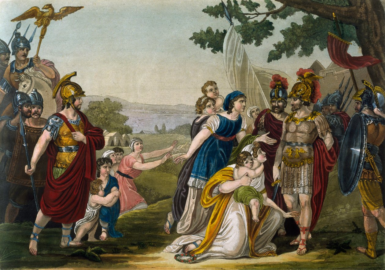 Våldtäkt av sabinskvinnor, av Jacques Grasset de Saint-Sauveur (1757-1810), gravyr från antikens Rom, eller historisk och bildlig beskrivning av allt som har med det romerska folket att göra, deras militär, seder, religiösa och offentliga liv av Jacques Grasset de Saint Sauveur