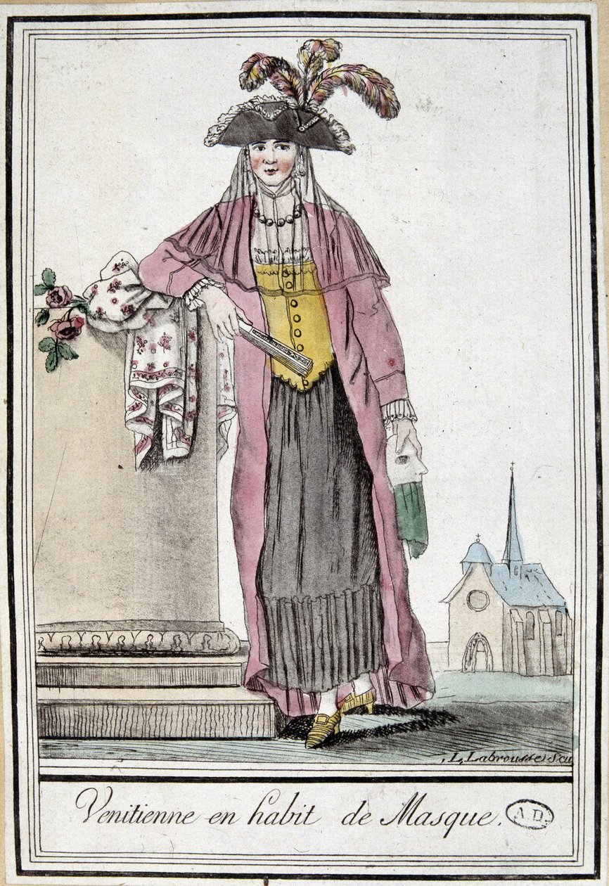 Venetiansk kvinna i mask - i "" Encyclopedia of travels"" av Grasset Saint Sauveur, red. Paris 1796 av Jacques Grasset de Saint Sauveur