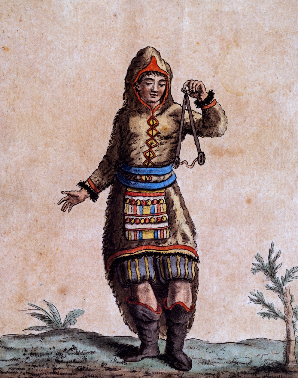 Woman of Hudson Bay i traditionell dräkt, färgstick av Laroque, från Encyclopedia of voyages, av Jacques Grasset de Saint-Sauveur (1757-1810) av Jacques Grasset de Saint Sauveur