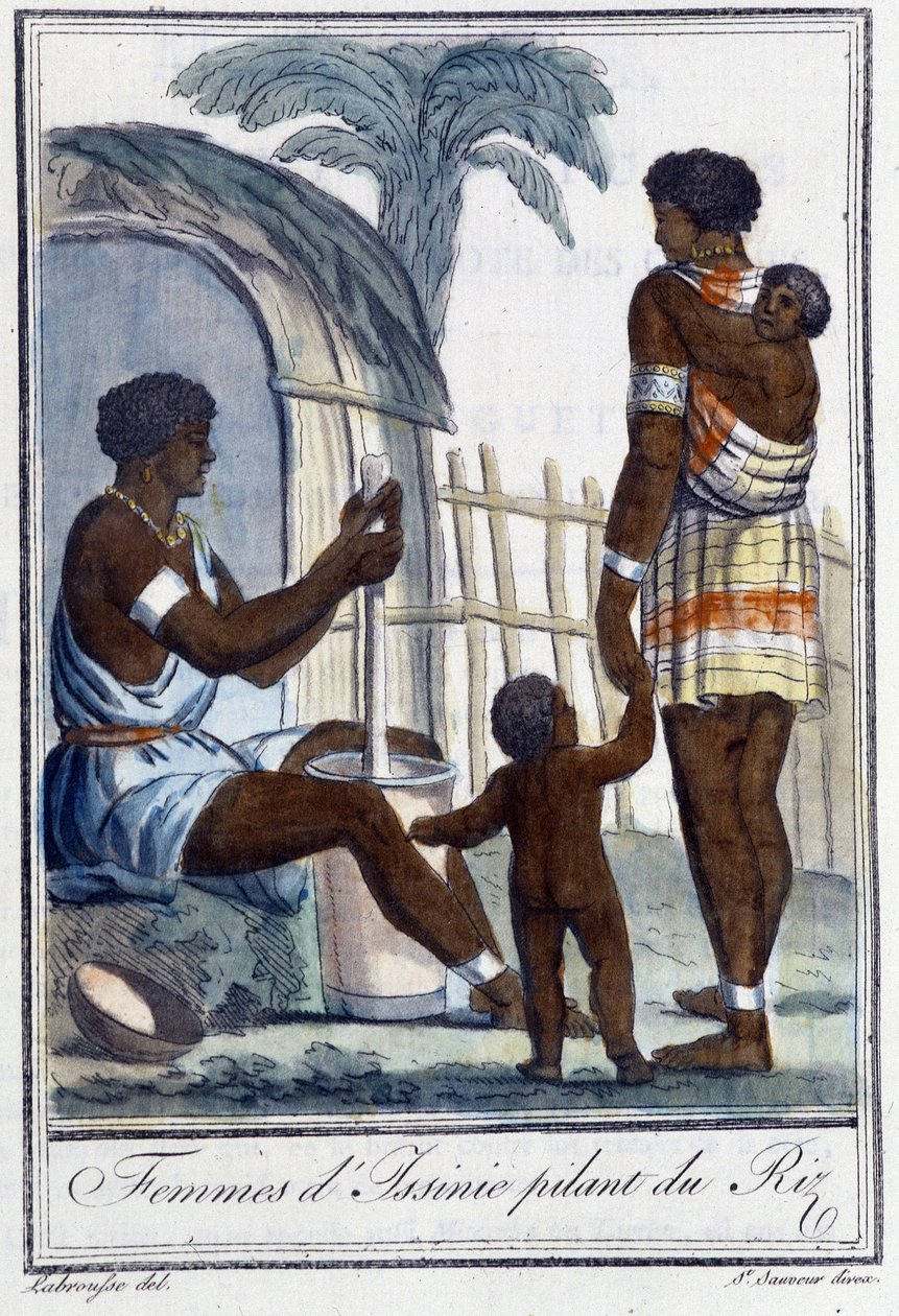 Women of Issinie dunkar på riset - i "" Encyclopedia of Travels"" av Grasset St Sauveur, red. 1796 av Jacques Grasset de Saint Sauveur