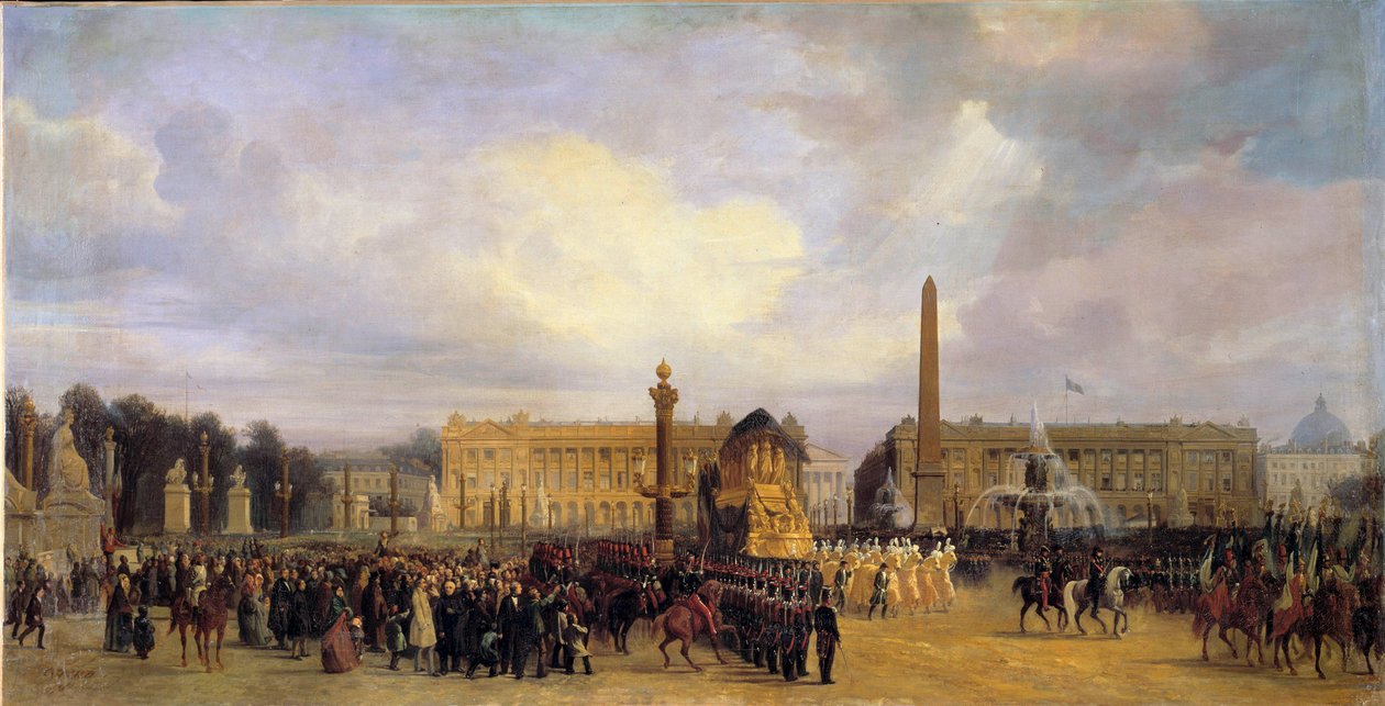 Återkomsten av askan efter Napoleon I (1769-1821) i Paris den 15/12/1840: kortegen korsar Place de la Concorde Målning av Jacques Guiaud (1811-1876) 1841 Sön. 1,05x2,17 m. av Jacques Guiaud