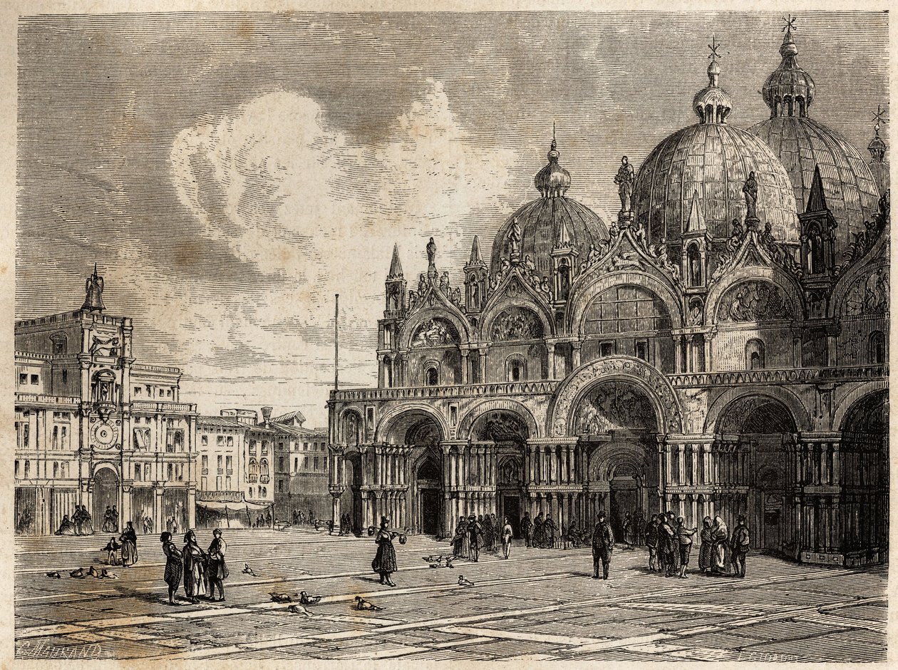 Torget och Markuskyrkan (Saint Markus), teckning av Jacques Guiaud (1810-1876), för att illustrera Adalbert de Beaumonts resa till Venedig, omkring 1850. Gravyr i "" Le tour du monde", redigerad av Edouard Charton av Jacques Guiaud
