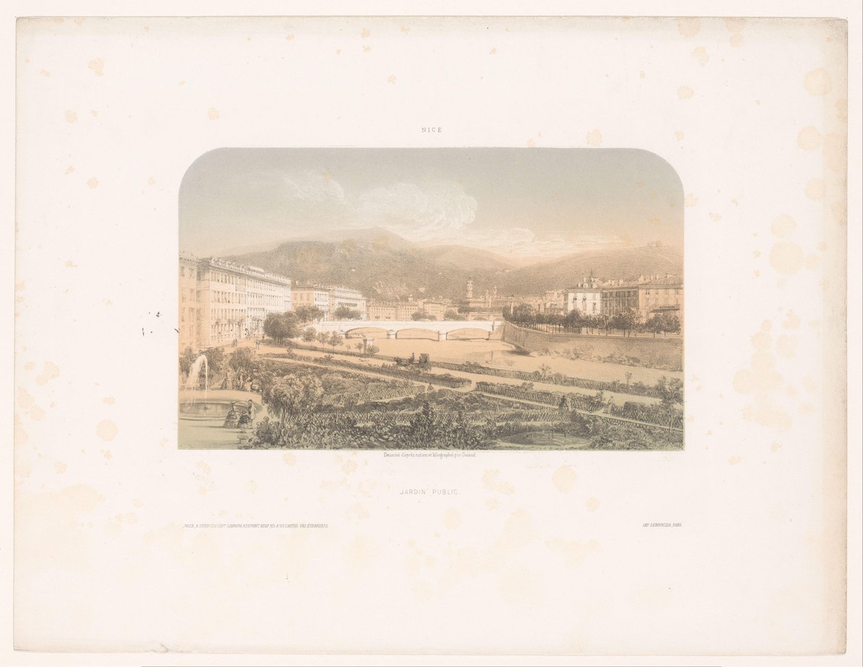 Utsikt över Jardin allmänheten och Pont-Neuf i Nice Jardin public (titel på objekt) Faces in Nice (serietitel) Nice (serietitel på objekt) av Jacques Guiaud