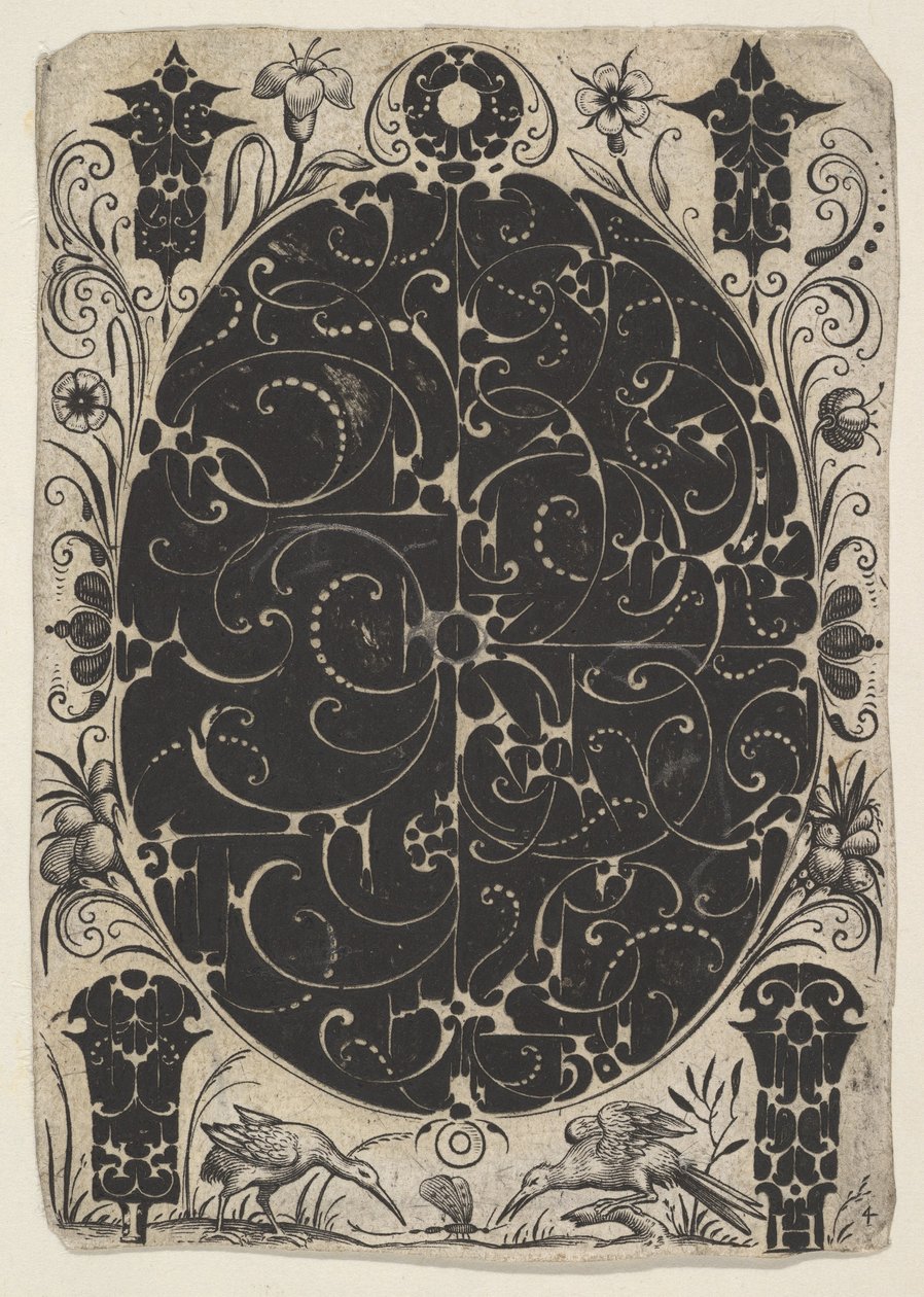 Oval fodral dekorerad med Schweifwerk i två varianter, omgiven av mindre motiv..., ca. 1614-19. av Jacques Hurtu