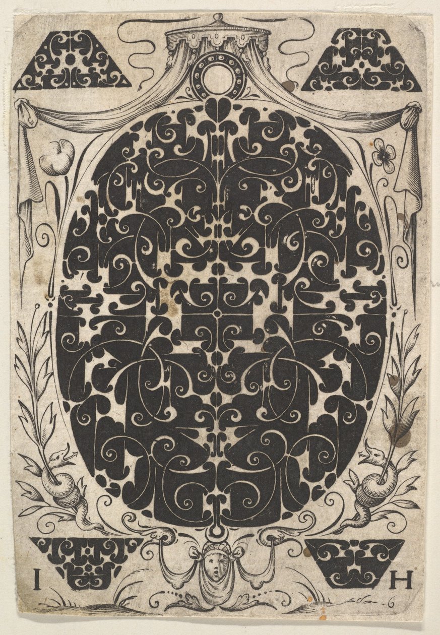 Ovalt hänge dekorerat med Schweifwerk, omgivet av mindre motiv och krönt b..., ca. 1614-19. av Jacques Hurtu