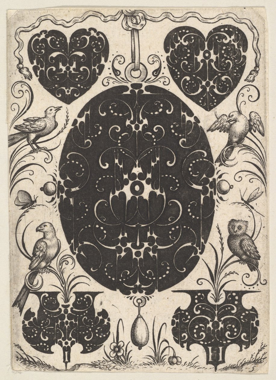 Ovalt hänge dekorerat med Schweifwerk, omgivet av mindre motiv och fyra fåglar, ca. 1614-19. av Jacques Hurtu