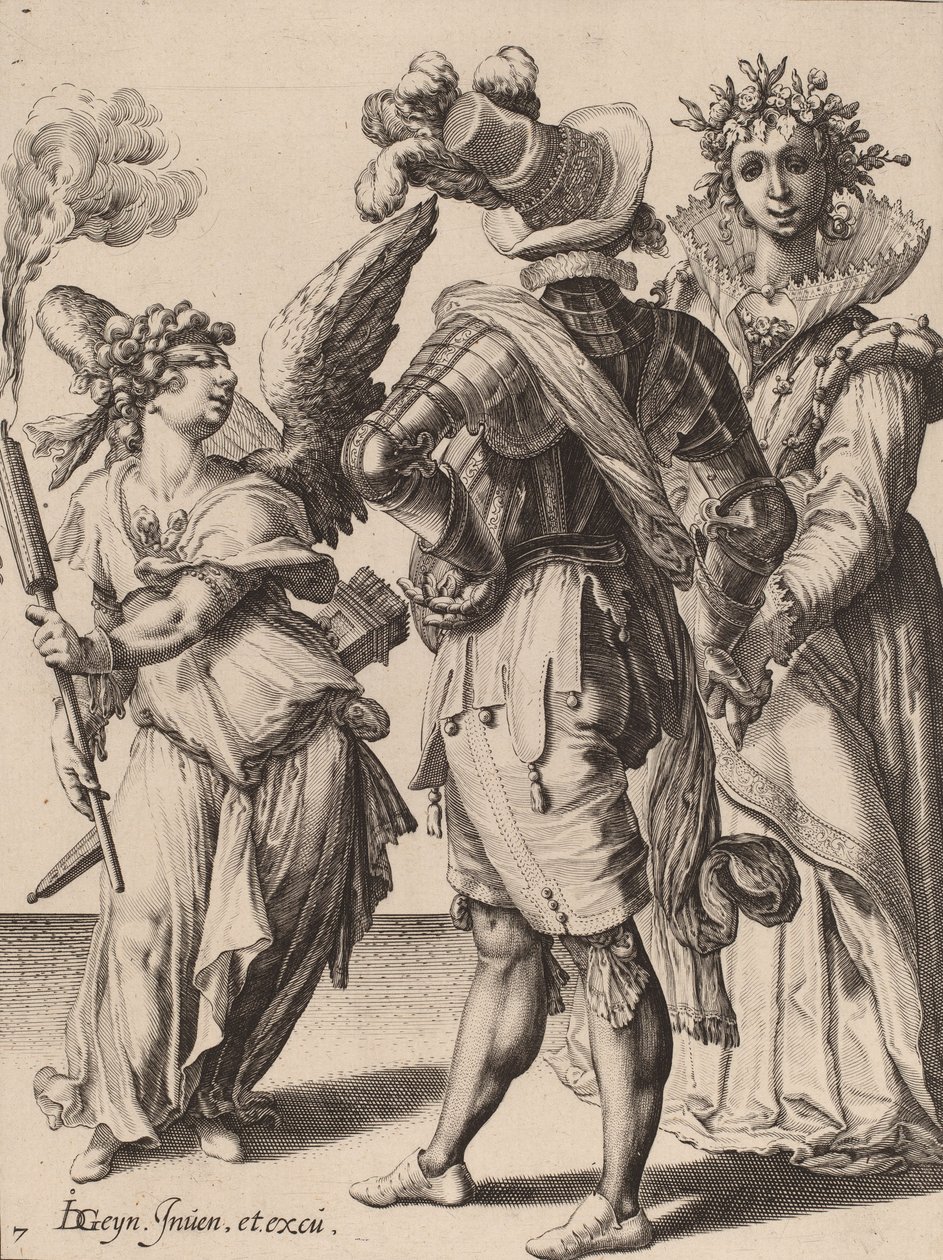 Amor med ögonbindel som håller en fackla framför ett par, tillskriven Zacharias Dolendo, 1595-6 (gravyr på bundet papper) av Jacques II de Gheyn