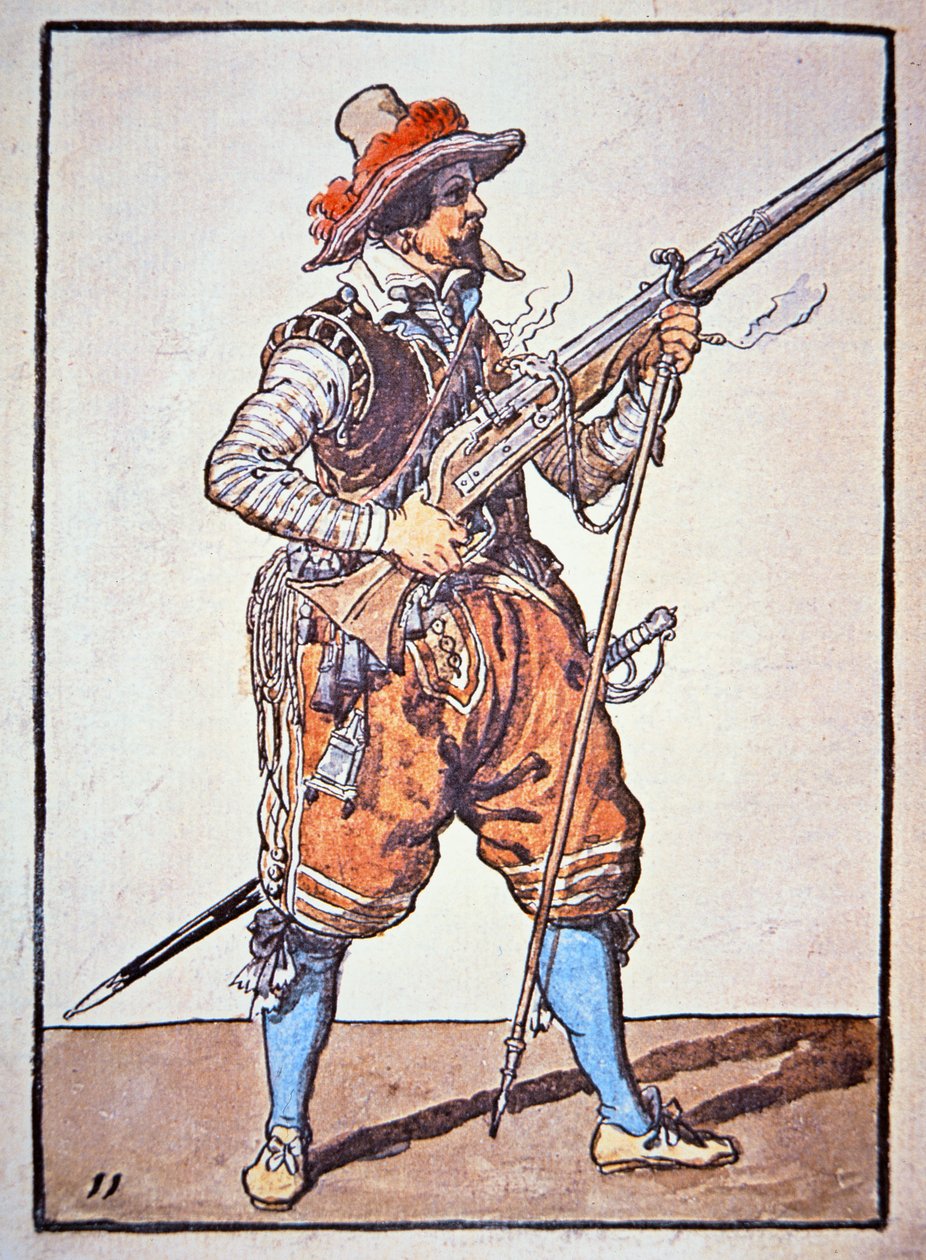 Arquebusier beväpnad med tändsticksmusköt, illustration från 