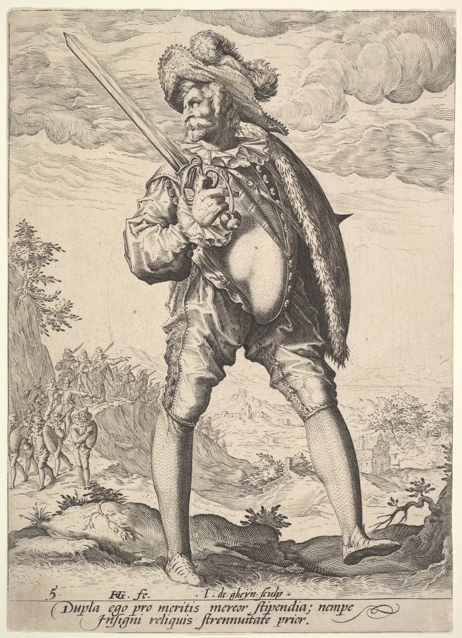 Soldat, beväpnad med bredsvärd och sköld, från officerare och soldater, 1587. av Jacques II de Gheyn