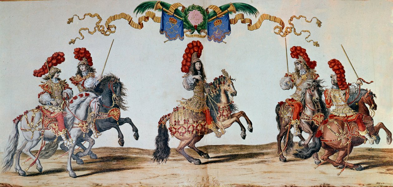 Karusell 1662: Kung Ludvig XIV och riddarna som deltar i karusellen 1662 i Paris (gravyr) av Jacques I Bailly