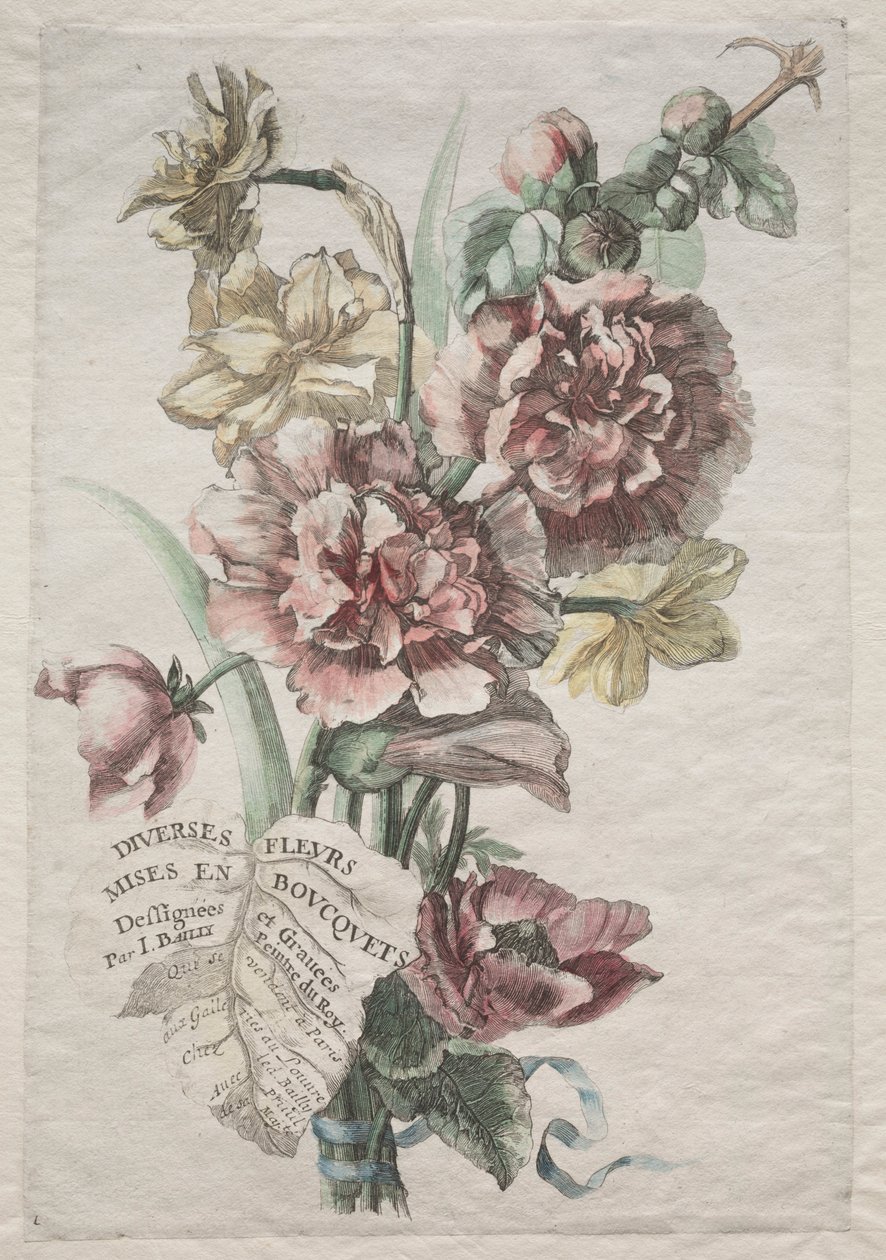 Olika blommor i buketter: nr 1 - stockrosor och narcisser, ca. 1670. av Jacques I Bailly