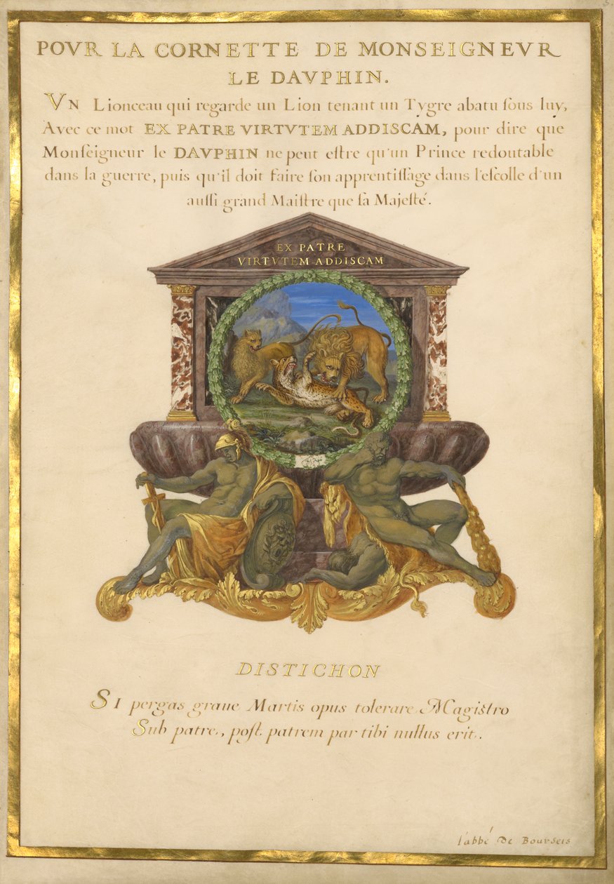 Ms. 11 (4) f.5, Emblem för Ludvig XIV, c.1663-68 (gouache & guld på pergament) av Jacques I Bailly