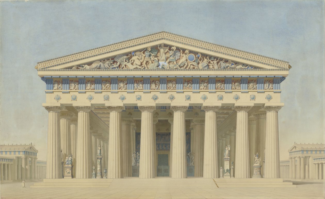 T-templet i Selinunte (Sicilien), restaurerad upphöjning av huvudfasaden av Jacques Ignace Hittorff