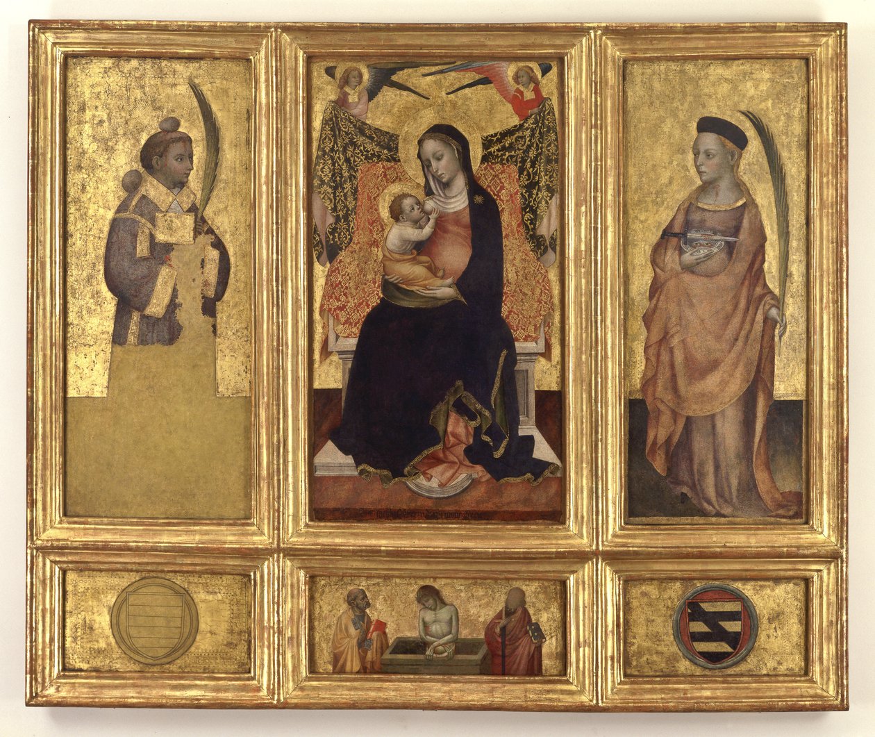 Madonna och barn med heliga Stephen och Lucy; Kristus i graven och de heliga Petrus och Paulus, c.1425 av Jacques Iverny