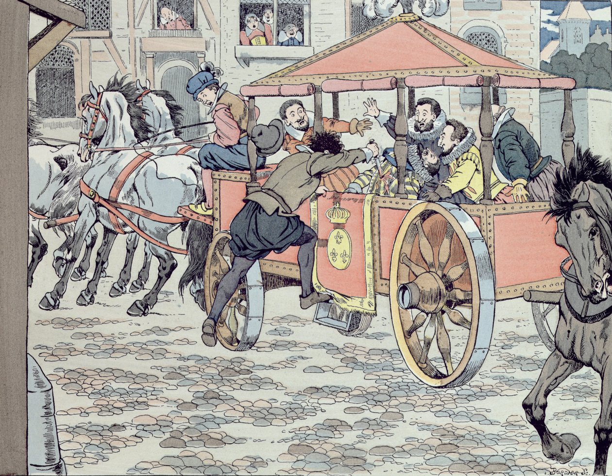 Mordet på Henri IV av Francois Ravaillac i rue de la Ferronerie den 14 maj 1610, ca 1900 av Jacques Marie Gaston Onfray de Breville (Job)