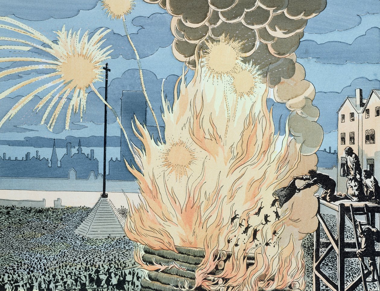 Katter som kastas in i brasan på Place de Greve, Paris, under sommarsolståndets natt, illustration från 
