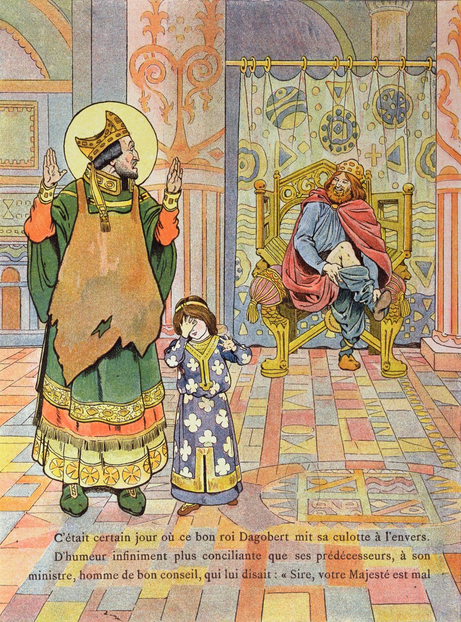 Kung Dagobert I (ca 603-39) tar på sig byxorna på fel sätt, illustration från "France, Son Histoire" av G. Montorgueil, ca 1910. av Jacques Marie Gaston Onfray de Breville (Job)