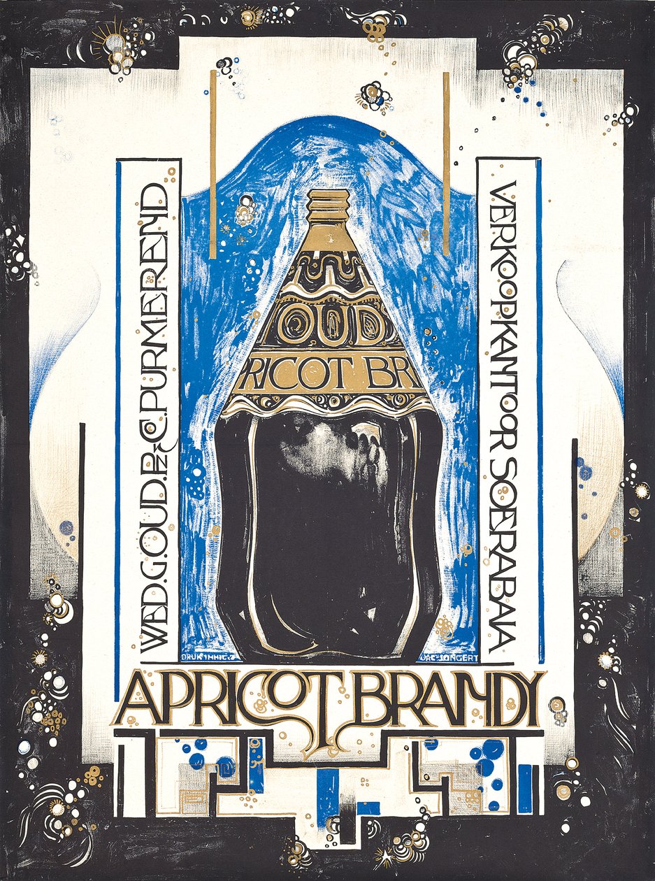 Affisch med reklam för aprikosbrännvin, för vin- och sherryförsäljaren Oud, ca 1920 (färg litho) av Jacques Jongert