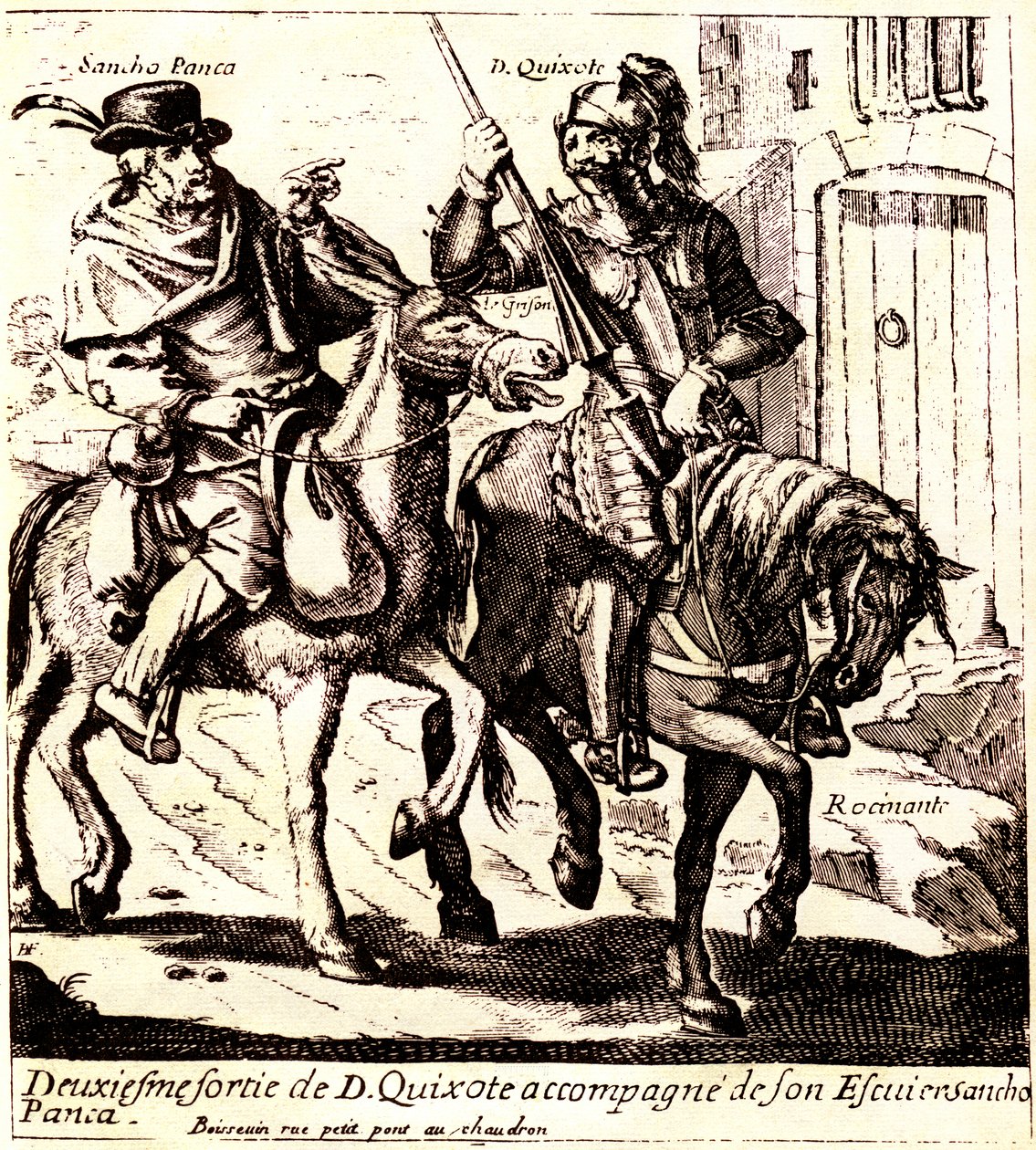 Don Quijote på Rossinante, åtföljd av Sancho Panca på sin åsna Grison, ca 1640 (illustration) av Jacques Lagniet