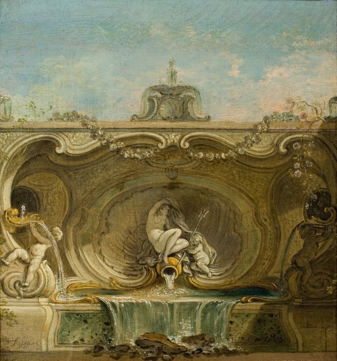 Fontän design. Naiad och Putto, ca. 1740. av Jacques Lajoue de
