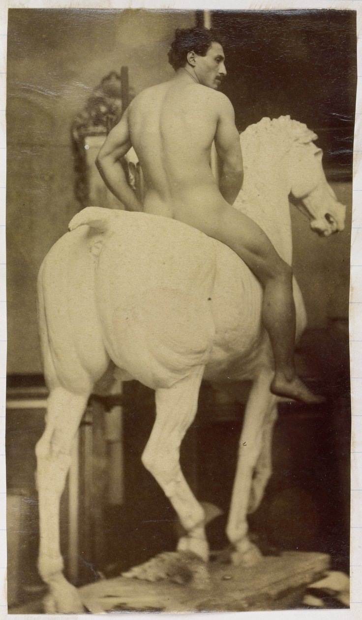 Studie av en manlig nakenmodell, sittande på en gipshäst, i Jacques de Lalaings studio, möjlig förstudie för Equestrian Portrait, Museum of Fine Arts Gent av Jacques Lalaing (attributed to)