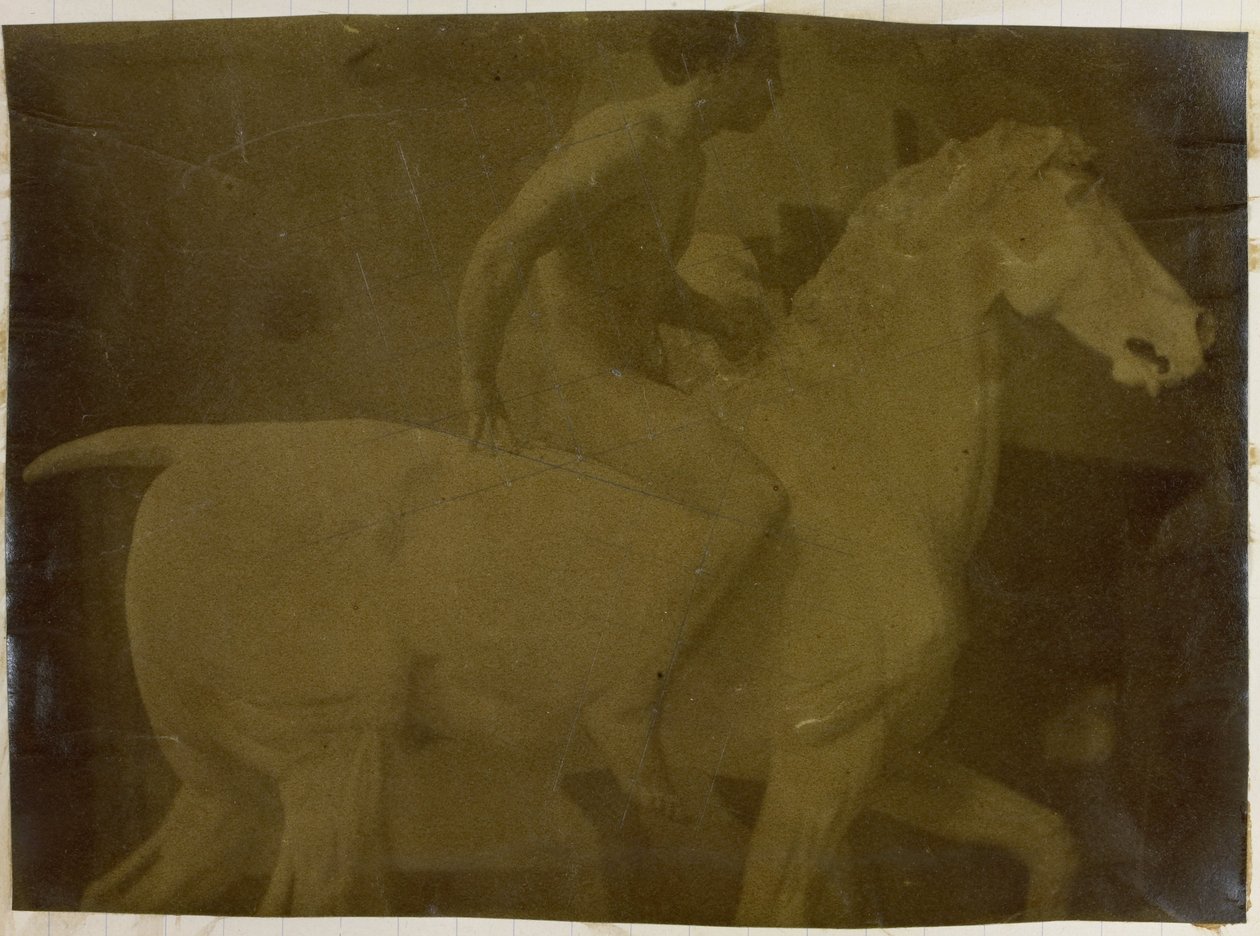 Studie av en manlig nakenmodell, sittande på en gipshäst, i Jacques de Lalaings studio, möjlig förstudie för Equestrian Portrait, Museum of Fine Arts Gent av Jacques Lalaing (attributed to)