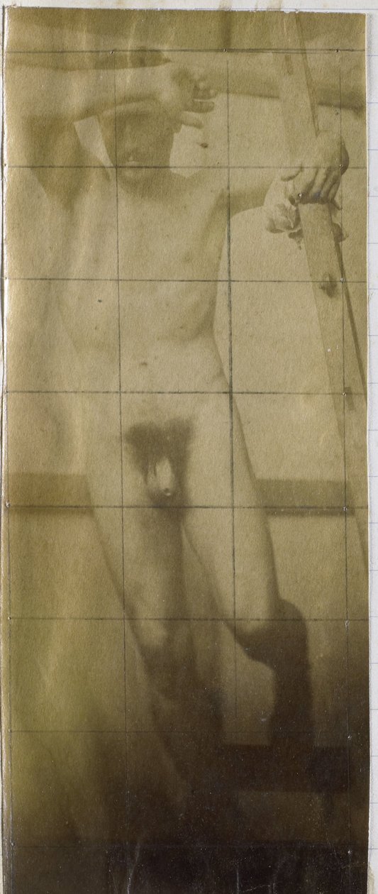 Studie av en manlig nakenmodell, hängande i en träställning, i Jacques de Lalaings studio av Jacques Lalaing (attributed to)