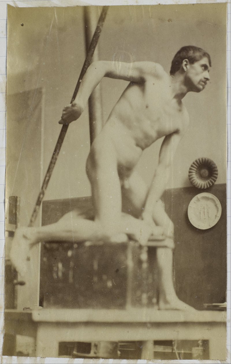 Studie av en manlig nakenmodell med spjut i handen i Jacques de Lalaings studio av Jacques Lalaing (attributed to)