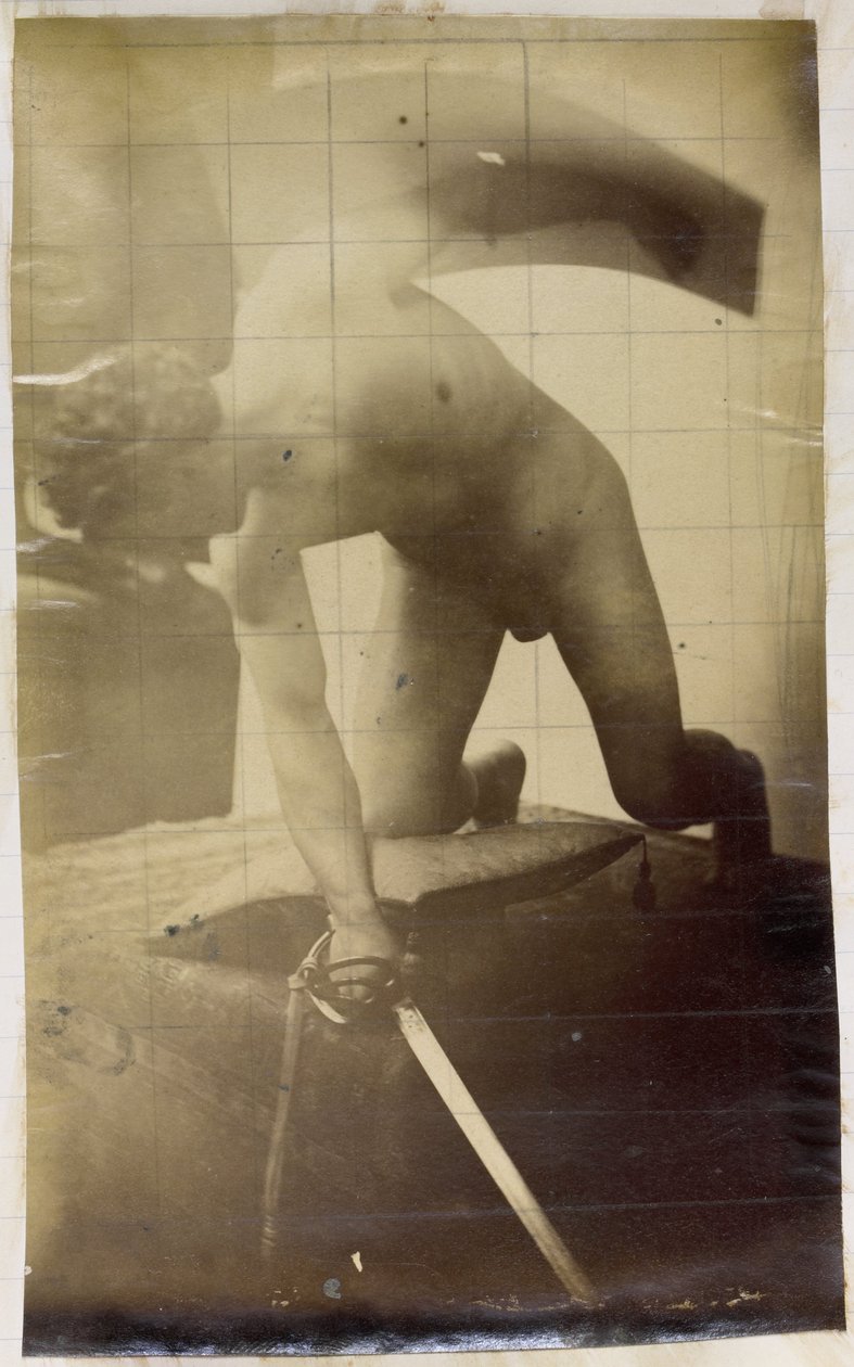 Studie av en manlig nakenmodell, på knäna med ett svärd och en sköld i händerna, i Jacques de Lalaings verkstad av Jacques Lalaing (attributed to)