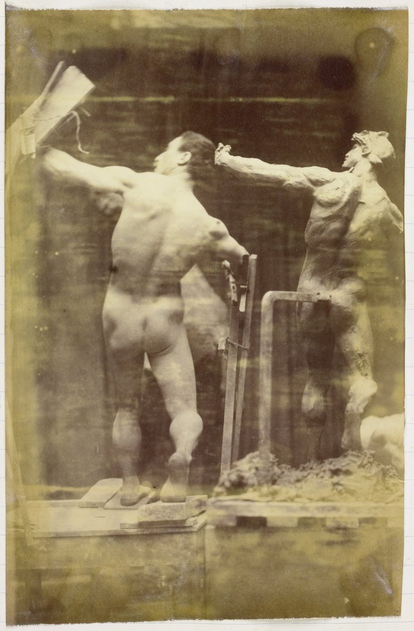 Studie av en manlig nakenmodell, sedd bakifrån och för hand i en ställning, bredvid en gipsmodell i exakt samma pose, i Jacques de Lalaings studio av Jacques Lalaing (attributed to)