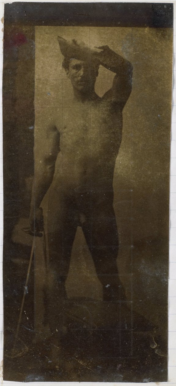 Studie av en manlig nakenmodell, stående upprätt och sedd framifrån, i Jacques de Lalaings studio av Jacques Lalaing (attributed to)