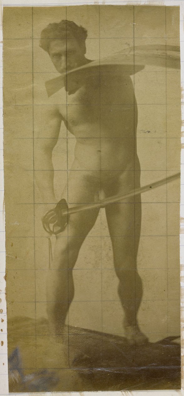 Studie av en manlig nakenmodell, stående med svärd och sköld i händerna, i Jacques de Lalaings studio av Jacques Lalaing (attributed to)