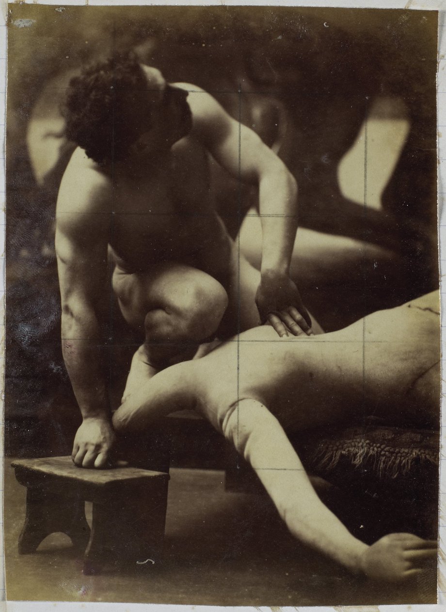 Studie av en manlig nakenmodell som brottas med en skyltdocka i Jacques de Lalaings studio av Jacques Lalaing (attributed to)