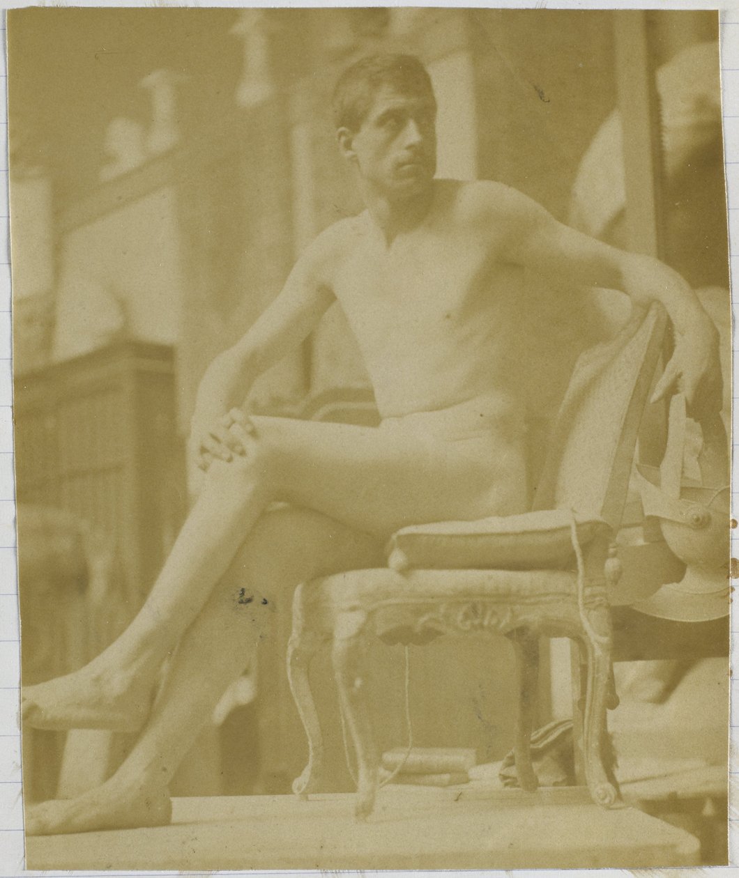 Studie av en manlig nakenmodell, sittande på en fåtölj och sedd bakifrån, i Jacques de Lalaings studio av Jacques Lalaing (attributed to)