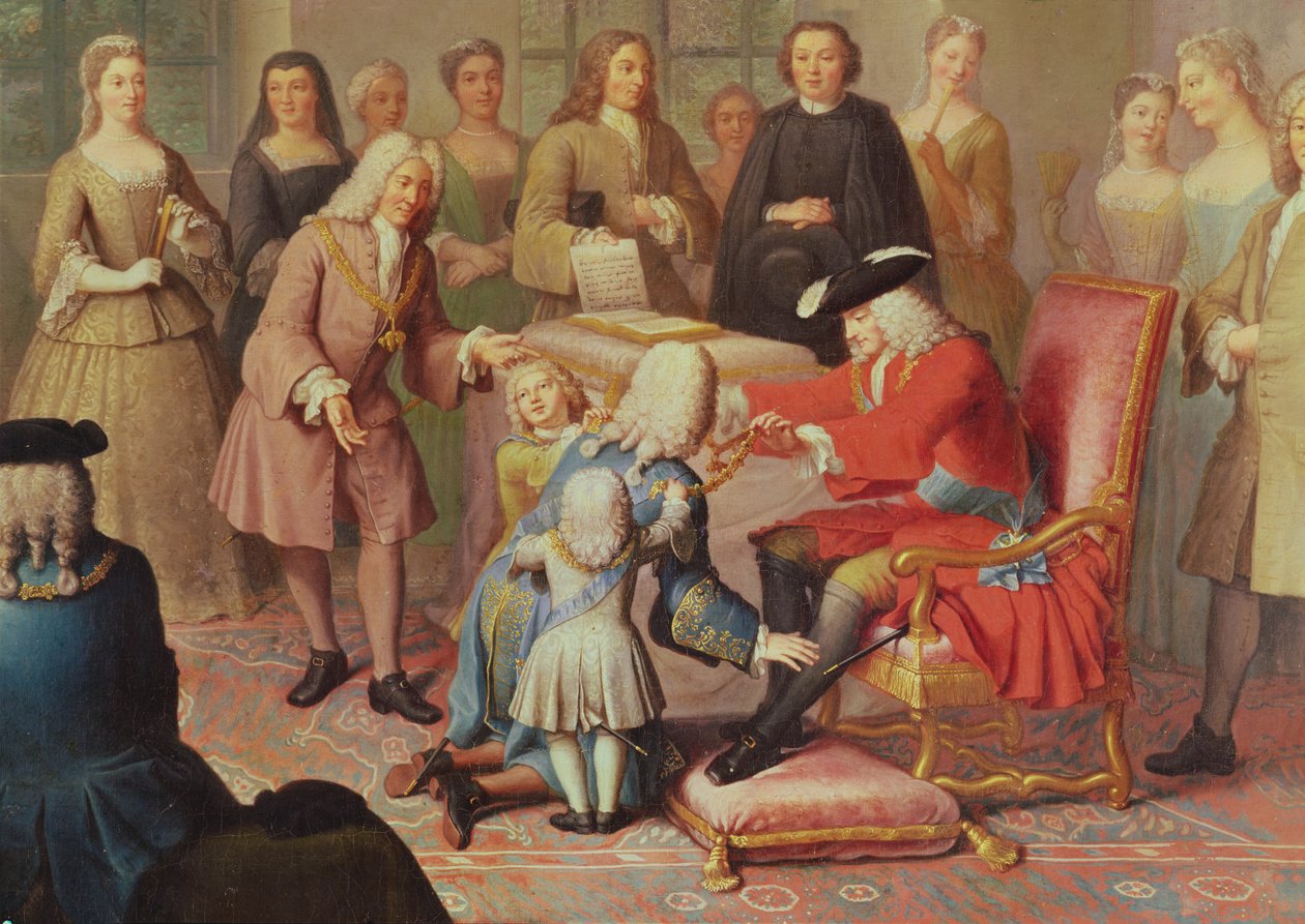 Filip V av Spanien ger det gyllene skinnet till marskalken av dessa är fransk ambassadör i Spanien 1724 av Jacques Laumosnier