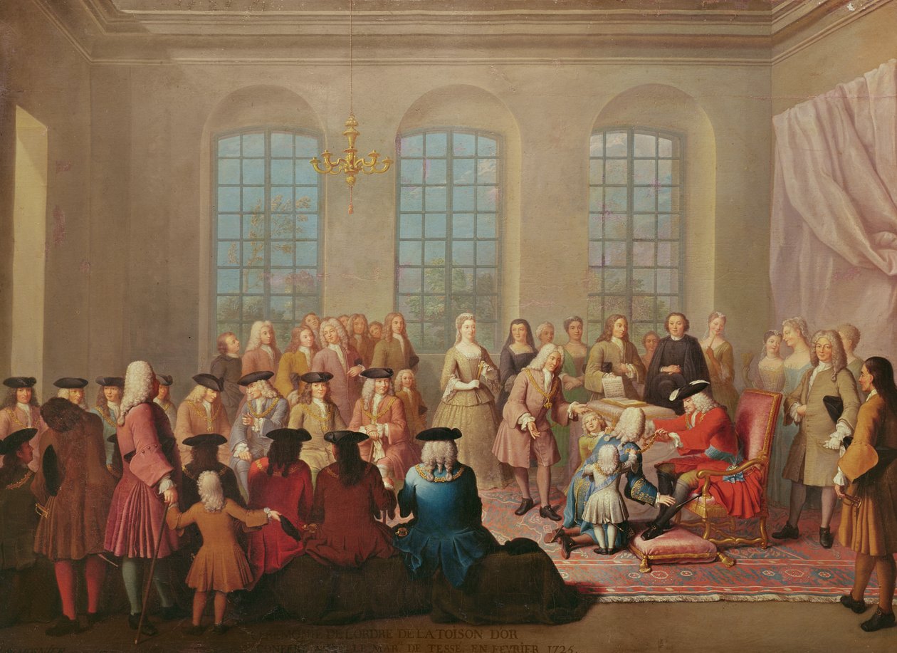 Filip V av Spanien ger det gyllene skinnet till marskalken av Tesse som fransk ambassadör i Spanien 1724 av Jacques Laumosnier