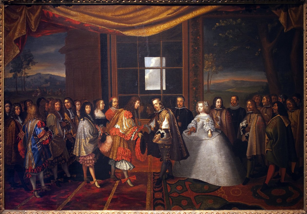 Trettioåriga krig: "" Intervju med kungen av Frankrike Ludvig XIV (1638-1715) och Filip IV av Spanien (1605-1665) på ön Paisans den 7/11/1659"" Spanien går med på att underteckna fördraget om Pyreneerna. Dotter till Philip IV, Marie Therese (Marie-Therese) av Jacques Laumosnier