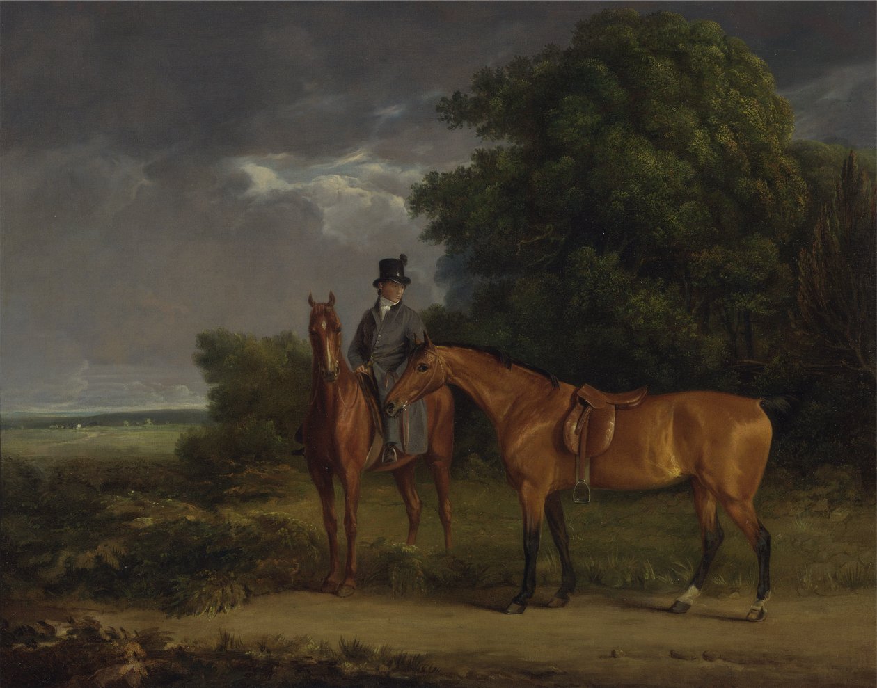 En brudgum monterad på en kastanjejägare, han håller en Bay Hunter vid tyglarna (olja på duk) av Jacques Laurent Agasse
