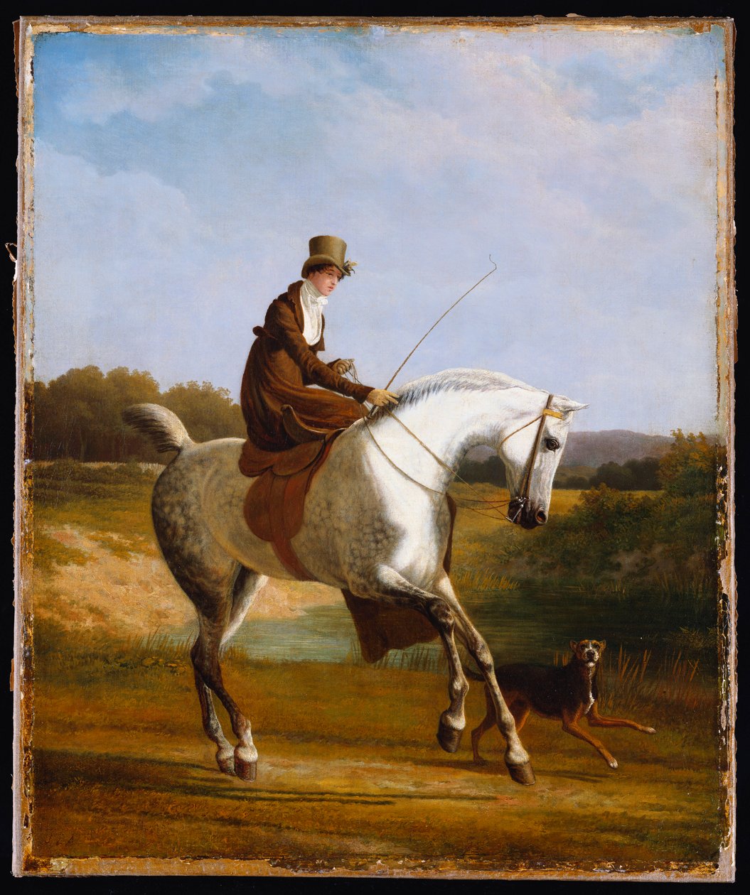 Miss Cazenove på en grå jägare, en hund som springer bredvid av Jacques Laurent Agasse