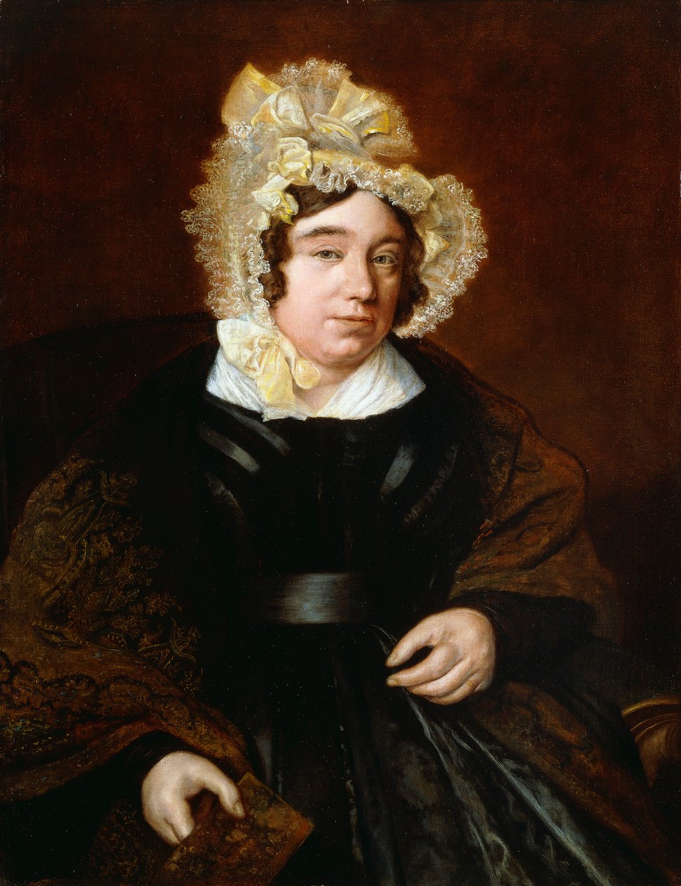 Porträtt av Mrs Edward Cross, sittande halvlängd i en mörk satängklänning med en Paisleysjal, av Jacques Laurent Agasse