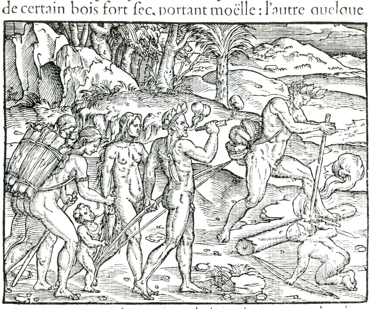 Indiska infödda som gör eld efter jakt, graverad av Theodor de Bry (1525-75) av Jacques Le Moyne