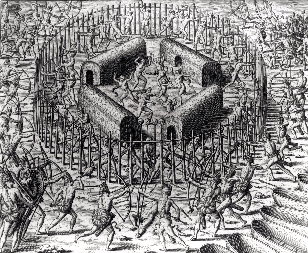 Johannes Staden hjälper till att försvara indianerna som fångade honom mot Tuppin Tkins, graverad av Theodore de Bry (1528-98), från 