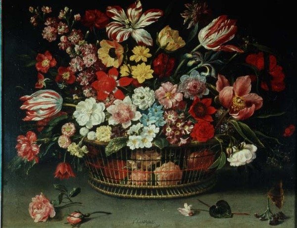 En korg med blommor (olja på duk) av Jacques Linard